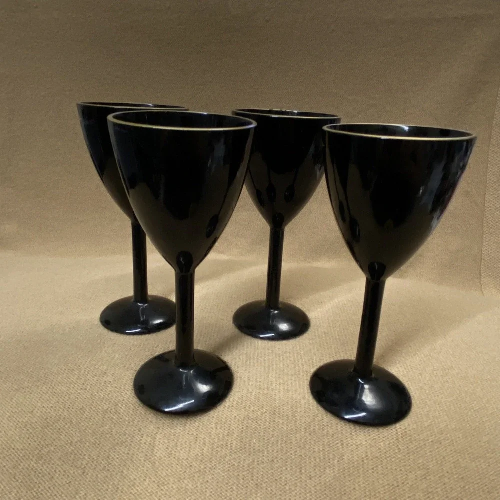 Set 4 Vtg Japan Sake Shot Bamboo Tree GoldPainted On BLACK LACQUER WOOD Stemware